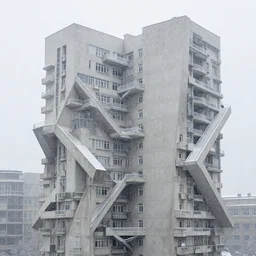 snow falling on complex, geometric russian brutalist high rise buildings designed by lebbeus woods, fragmented architecture, blade runner 2 0 4 9, diagonal shapes, complex ramps, balconies, stairways, sharp focus, clear focus, beautiful, award winning architecture, le corbusier, frank lloyd wright, snow, fog, mist, hopeful, quiet, calm, serene, denis villeneuve