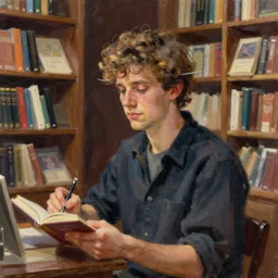 simple portrait painting of a bookseller in a bookstore moebius