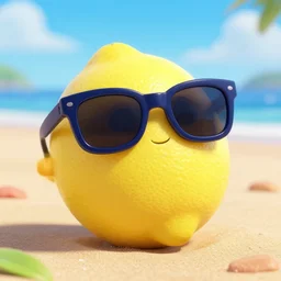 Pixar 3d render of a lemon on the beach wearing dark blue sunglasses,