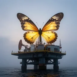 in the early morning fog, a large, glowing butterfly sits on top of an oil platform by moebius, wide angle lens