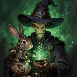 a close - up portrait painting of a mischievous alien wizard holding steampunk rabbit. magic. studio lighting. green fog, gloomy dark atmosphere. highly detailed science - fiction painting by norman rockwell, moebius, frank frazetta, and syd mead. rich colors, high contrast. artstation