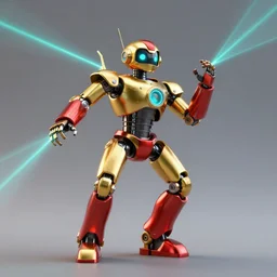 a golden and red shiny metallic dancing robot in steampunk style with cyan glowing laser beams out of the eyes, insanely integrate details, cables out of the ears, sharp, frontshot, 8 k,