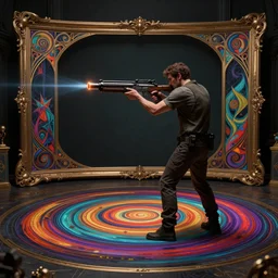 man shoots a blaster, a frame in perspective, details, dark room, side profile centered, by artgerm, cushart krenz, greg rutkowski, james jean. art nouveau. gloomhaven, swirly vibrant ripples, gaudy colors, sharp edges. ultra clear detailed. 8 k. elegant, intricate, octane render