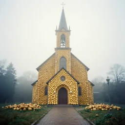 Beautiful Liminal Grainy foggy disposable-camera Photograph of a church made from potatoes potatoes