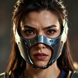 macro head shot of kitana!! kitana!! from mortal kombat 1 1, mk 1 1, mortal kombat, efix, symmetrical face, futuristic face mask, highly detailed, fear, raytracing, art by artgerm + wlop + alphonse mucha
