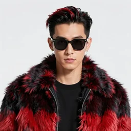 man ; slicked back black hair red streaks ; bright colours ; idol ; wearing sunglasses glasses ; wearing fur jacket ; face scars ; drawn by mengo yokoyari ; digital art ; high detail ; trending on artstation ; anime key visual