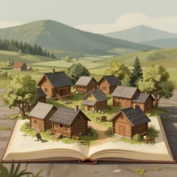 book illustration of small wooden village. Atmospheric beautiful by Eddie mendoza and Craig Mullins. volumetric lights