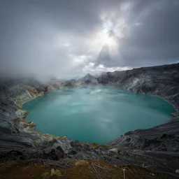 landscape photography by marc adamus, volcanic lake, dramatic lighting, smog, beautiful
