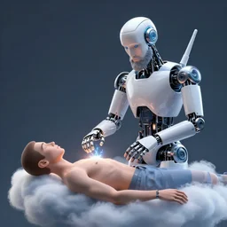 robotic god with beard on the cloud is touching a human, transferring new energy, creazione di adamo, classical fresco in the sistine chapel by michelangelo buonarroti on cover of forbes magazine