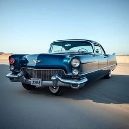 a deep blue glossy cadillac 1 9 5 7 coupe styled by luigi colani, long shot, daylight, nikon photography, 3 5 mm
