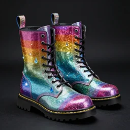 hyperrealistic photo of rainbow combat boots made out of glitter, unicorn tears, and stardust, single object on black ground, high resolution, 8 k,