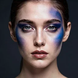 fashion model, war paint on face, realistic, symmetrical, studio lighting, ultra detail, art by artgerm