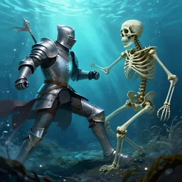 an armored knight!!, fighting a skeleton!!!!!!!!!!!, underwater!!!!!!, dynamic lighting, caustics, 4 k, trending on artstation