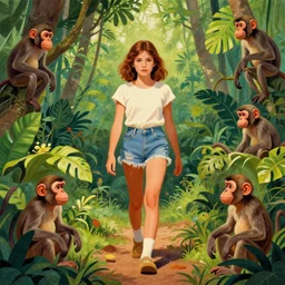 centre portrait of a girl walking through jungle!!, monkeys, symmetry, retro 8 0 s style, colourful, accurate, realistic illustration, art by peter elson