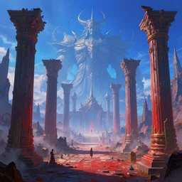 epic intrincated fantasy landscape, vibrant blue and red color scheme, atmospheric perspective, large destroyed giant colums, temple of the gods, pointy risks mountains, in the style of peter mohrbacher and greg rutkowski, giant final boss in the background