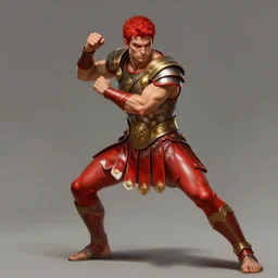 elegant full body portrait of athletic muscular angry roman soldier in fighting stance, red leather roman soldier skirt with white tips, gold shoulder armor piece, piercing bright red eyes, fantasy, intricate, short red hair, highly detailed, digital painting, crossfit, tight spandex, smooth, sharp focus, illustration, matte, dramatic, dynamic pose, art by artgerm, greg rutkowski, alphonse mucha, simon bisley