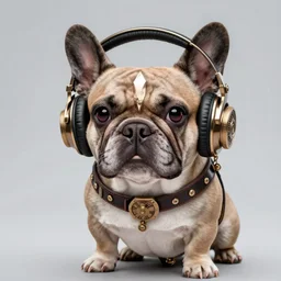 an nft of a steampunk french bulldog wearing headphones, digital art