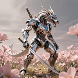 illustration cinematic cyborg dragon holding katana in a field of pale pink flowers, highly detailed smooth digital art masterpiece, vitaly bulgarov dramatic light, ground angle uhd 8 k, sharp focus