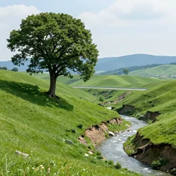 green hills, big old tree, erosion channels river, landslide over highway, background mountains with cliffs, high summer, dramatic light, heavy grain, high quality,