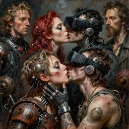 junky women kissing junky men, cybertronic gadgets and vr helmet, durty colours, rotten textures, rusty shapes, biotechnology, dariusz zawadzki, tim hildebrandt, wayne barlow, bruce pennington, donato giancola, larry elmore, oil on canvas, deep depth field, masterpiece, trending on artstation, featured on pixiv, cinematic composition, hyper - detailed, hd, hdr, 4 k, 8 k