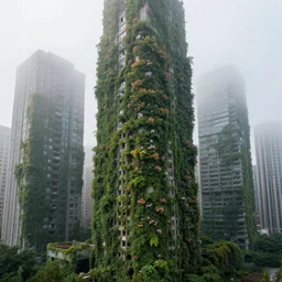 abandoned downtown, skyscrapers heavily overgrown with lush flowering vines, foggy atmosphere, early morning, by rembrandt and wlop, intricate, detailed, photorealistic imagery, artstation