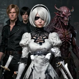 portrait of 2 b nier automata by hr giger, greg rutkowski, luis royo and wayne barlowe as a diablo, resident evil, dark souls, bloodborne monster : : hyper realistic, ultrarealistic, realism, photoreal, 8 k : :