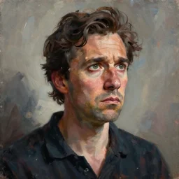 a painting of an extremely concerned artist by an extremely rj palmer