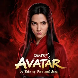 book cover art portrait of Princess Azula looking at the camera with the title Avatar and the subtitle A Tale of Fire and Steel, red black and gold design colors
