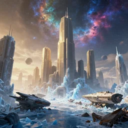 The futuristic sci-fi city has tall brutalist architecture buildings, wasteland, some giant spaceships are crashed into the ground, the background has a detailed heavenly and iridescent light from nebulas, this is afroxen planet and ice is everywhere, even building are made by ice, panoramic view, cyberpunk, vaporwave, matte painting, concept art, dramatic lighting, golden hour, 4k, 8k, trending on Artstation, realistic