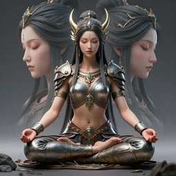 kali goddess synthwave warrior meditating in a beautiful place, perfect faces, fine details, studio lighting, subtle shadows, art by katsuya terada, photorealism, hyper realism, octane render, hyper detailed, canon eos r 3, f / 1. 4, iso 2 0 0, 1 / 1 6 0 s, medium shot, 8 k, raw, unedited, in - frame,