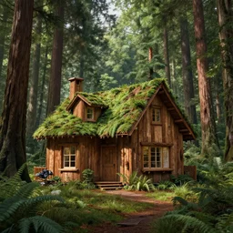 A house made of trees in a redwood forest, hasselblad DSLR, 1600 ISO, 10mm lens, film grain, hypperrealistic, photorealistic, gigapixel maximum upscale, megascans, 8k, cinema4D, octane render, epic composition