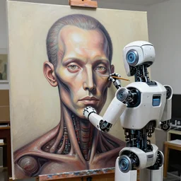 robot artist painting a self - portrait on a canvas. intricate, highly detailed, digital matte painting in the style of robert mcginnis and in the style of h. r. giger. irony, recursion, inspiration.