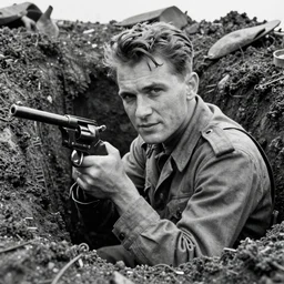 A photo of a man in a muddy trench with a Colt revolver. Black and white, grainy, WW2 photo.