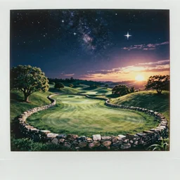 cosmic moonlight, stone walls, high birds eye view of a perfect infinite elysian dreamlike green hilly pastoral astral psychedelic golf course stone wall landscape with cherished trees, stone walls under cosmic stars, cherished trees, memory trapped in eternal time, golden hour, dark sky, evening starlight, peaceful haunted vintage psychedelic painted polaroid by hiroshi yoshida