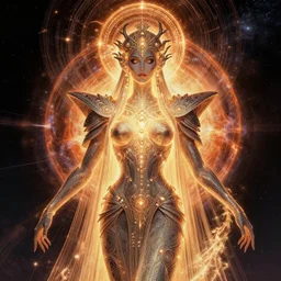 portrait of the powerful empress of the solar system in the style of stephan martiniere and in the style of h. r. giger. glowing, ornate and intricate linework, stunning, dynamic lighting, ultrafine and hyperdetailed.
