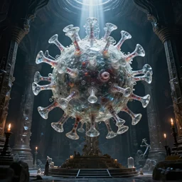 inside the temple of the virus god cult. large crystalline statue of a t 7 bacteriophage dominates the scene. horrifying beauty. behold the great virus! award - winning photograph hasselblad 1 6 k. lush detail and color. a shaft of light illuminates the crystalline virus. very very very beautiful. melancholic masterpiece