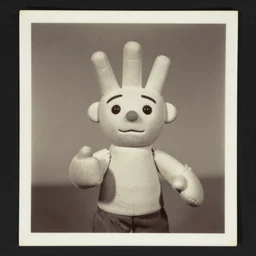 a cute  puppet made of fingers and hands, old photo, expired color film, damaged photo, 1975