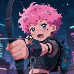 close up, posing pointing with an arrow bow and shouting, a grungy cyberpunk anime, very cute, by super ss, curly pink hair, night sky by wlop, james jean, victo ngai, highly detailed