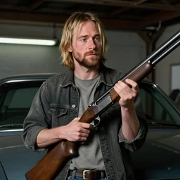 Kurt cobain holding a shotgun in a car garage, realistic, 8k resolution, hyperdetailed, highly detailed, real life, studio lighting, high quality, digital art