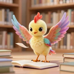 a cute adorable phoenix fledgling learning to read in a library