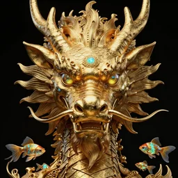close-up portrait dragon head, 3d composition, mucha, New art nouveau, gold betta fish, bioluminescent, intricate artwork by Tooth Wu and wlop and beeple. octane render, trending on artstation, greg rutkowski very coherent symmetrical artwork. cinematic, hyper realism, high detail, octane render, black studio background, 8k