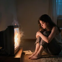 a television set is burning. a girl is sad.