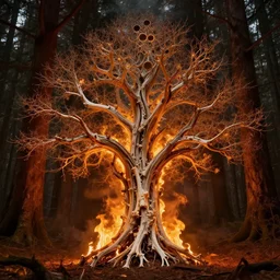 tree made out of bone, on fire, forest, dramatic, double - exposure, incandescent, fxaa, insanely detailed and intricate, hypermaximalist, elegant, ornate, hyper realistic, super detailed