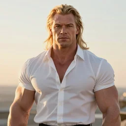 portrait of the immensely handsome bodybuilder Stephen Fry with beautiful long pale blond hair, albino white pale skin, posing for a photoshoot in the golden hour, white dress shirt open at the chest, broad shoulders and huge thick arms, ambient lighting, 4k, anime key visual, lois van baarle, ilya kuvshinov, rossdraws, artstation