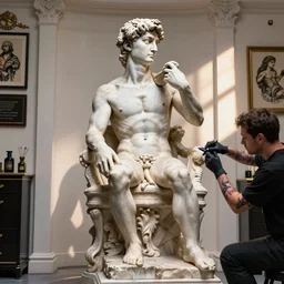 the statue david from michelangelo sitting in a chair getting a tattoo in a famous tattoo studio