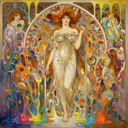 an hiper intricate oil painting of a beautifull woman surounded by melting colorfull wax drips, colorfull, excelent composition, wide shot, by yoshitaka amano, by greg rutkowski, by alphonse mucha by jeremyg lipkinng, by rhads, by ross tran, artstation, octane render