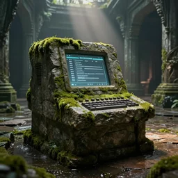 An ancient and mysterious computer terminal made of stone, mossy foliage, gritty stone texture, terminal screen with an entry menu, large humid a shaded room with water dripping from the side and huge hallways going to all sides, artistic render, soft light ray