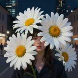 closeup, huge daisy flowers head, woman in modern city, surreal photography, night light, dark, impressionist painting, digital painting, artstation, simon stalenhag