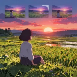 reimu sitting on a hill off to the side overlooking rice paddies during dawn cinematic, deep vibrant colors, anime illustration, anime screenshot composite background