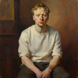 detailed full body portrait of vitalik buterin, realistic face sculpted features, statuesque model, plain untucked shirt, seated, warm cast, bathed in light, filmic, chiaroscuro, specular highlights, angular impressionism, radiosity, deep rich tones, contemporary art, oil on canvas